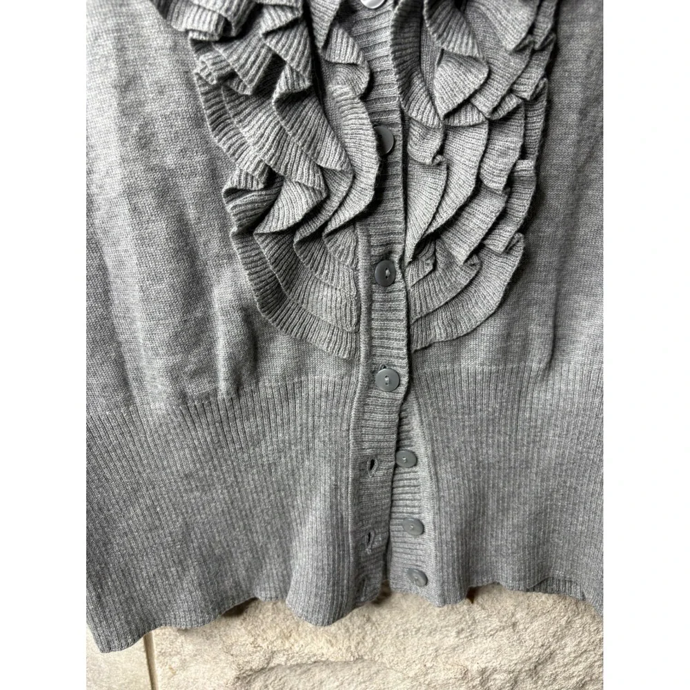 Worthington Womens Gray Ruffle‎ V-Neck Short Sleeve Button Front Cardigan Large